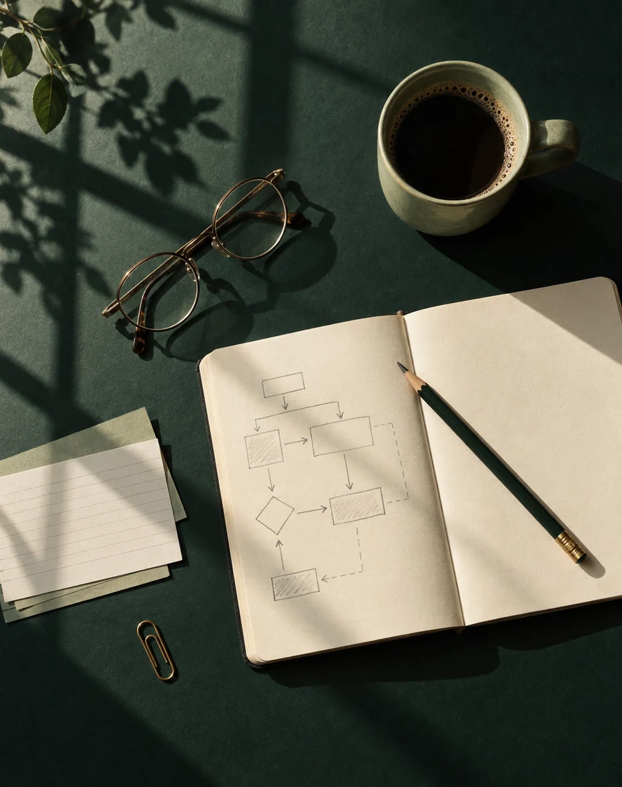 An open notebook with a hand-drawn workflow sketch, a pencil, glasses and coffee on a deep green desk