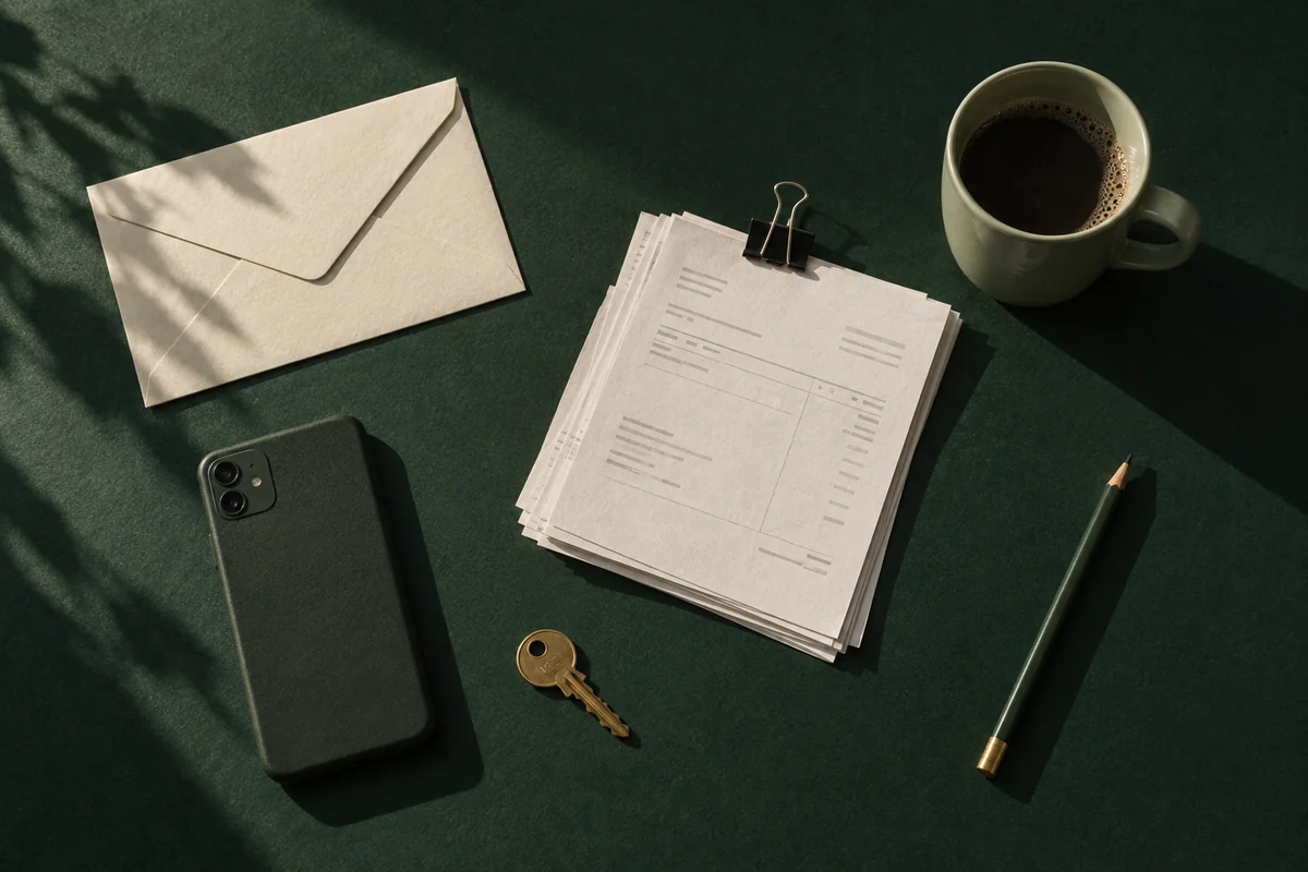 A phone, an envelope, invoices, a key and a cup of coffee on a deep green desk in hard sunlight
