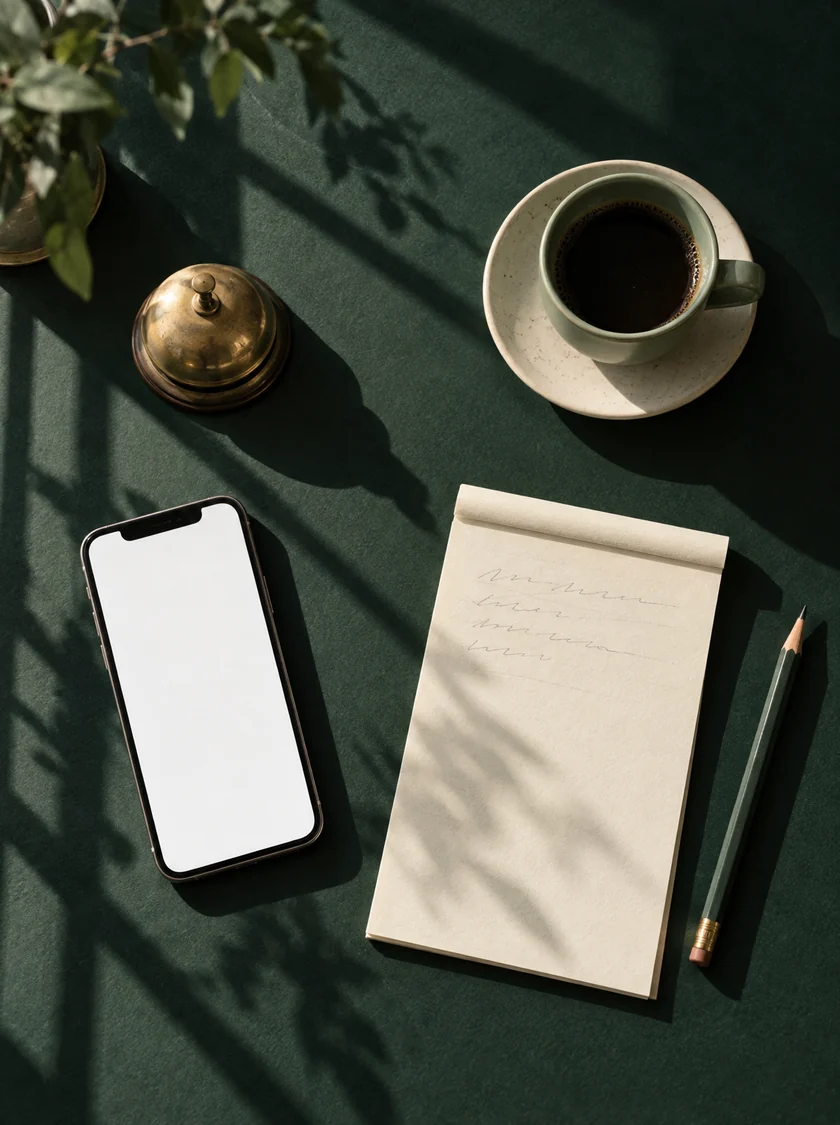 A phone, a notepad, a pencil, a cup of coffee and a brass bell on a deep green desk